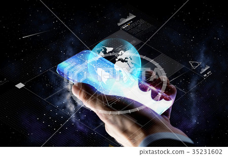 hand with smartphone and earth projection hand with smartphone and earth projection 35231602