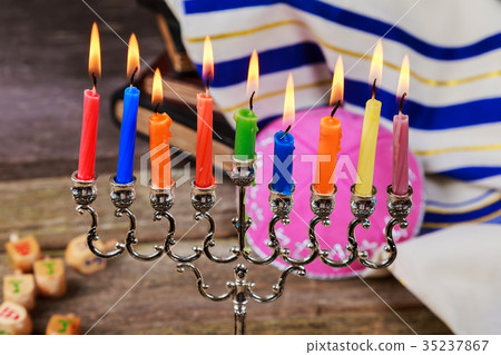 Brightly Glowing Hanukkah Menorah Jewish holiday Brightly Glowing Hanukkah Menorah Jewish holiday 35237867