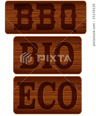 Nameplate of wood with words BBQ BIO ECO Nameplate of wood with words BBQ BIO ECO 35239129