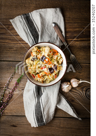 Risotto with chicken and vegetables. Risotto with chicken and vegetables. 35240207