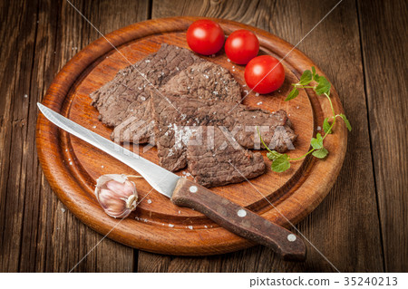 Slices of fried beef. 35240213