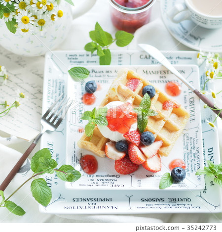 Tea time with waffle pancake Tea time with waffle pancake 35242773