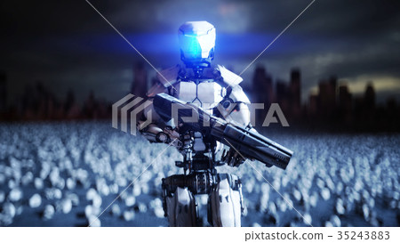 military robot and skulls of people. Dramatic 35243883
