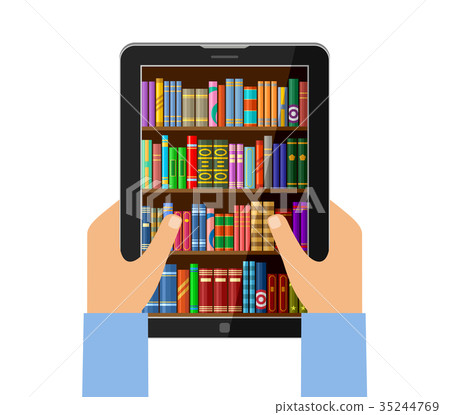 Hands holding tablet with digital books 35244769