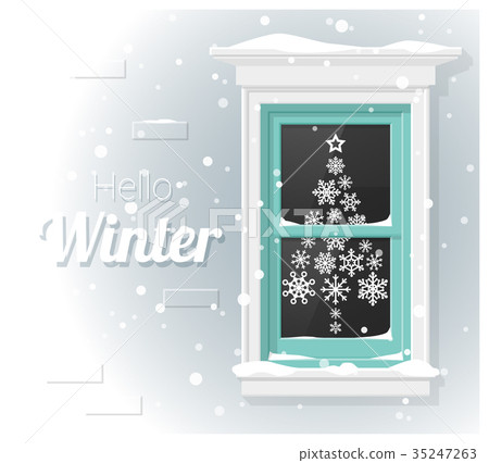 Hello winter background with window painting 35247263
