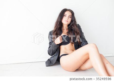 brunette girl in leather jacket and black lingerie brunette girl in leather jacket and black lingerie 35249596