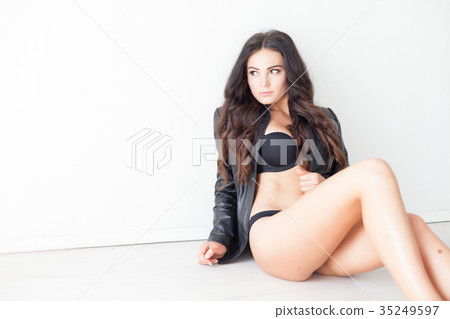 brunette girl in leather jacket and black lingerie brunette girl in leather jacket and black lingerie 35249597