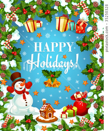 Christmas greeting card of snowman with gift bag 35250328