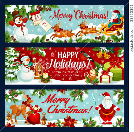 Christmas festive banner of Santa sleigh with gift - Stock Illustration ...