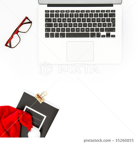 Flat lay Christmas decoration Office workplace  35260855