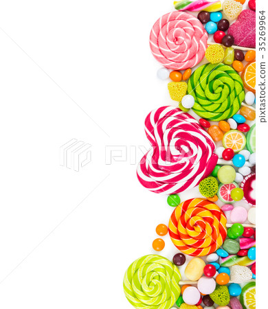 Colorful candies and lollipops. Top view. 35269964