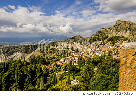 city of taormina  and mountains from greek theater 35270359