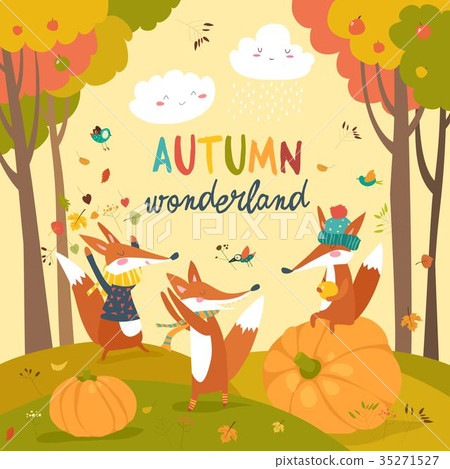 Little foxes playing with leaves in autumn forest Little foxes playing with leaves in autumn forest 35271527