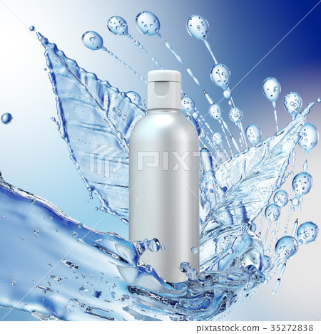 White cosmetic products with water splash on cyan 35272838
