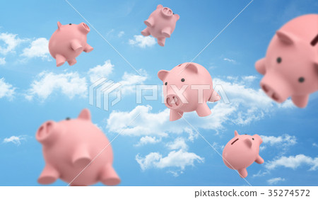 3d rendering of a many pink piggy banks flying 35274572