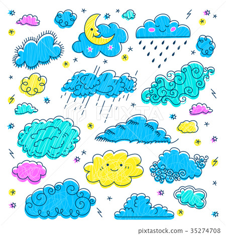 Cloud hand drawn Clouds icons set. Children's sky - Stock Illustration ...