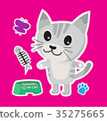 Cute cat cartoon sticker set on blue background 35275665