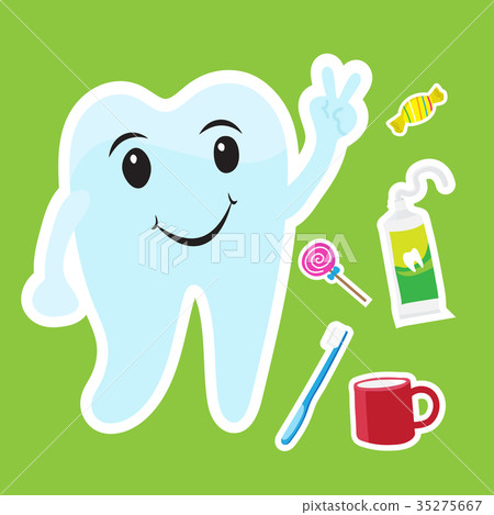 图库插图 cute teeth cartoon sticker set on blue background 查看