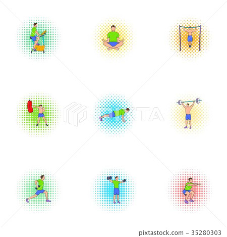 Classes in gym icons set, pop-art style Classes in gym icons set, pop-art style 35280303