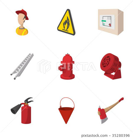 Firefighter icons set, cartoon style Firefighter icons set, cartoon style 35280396