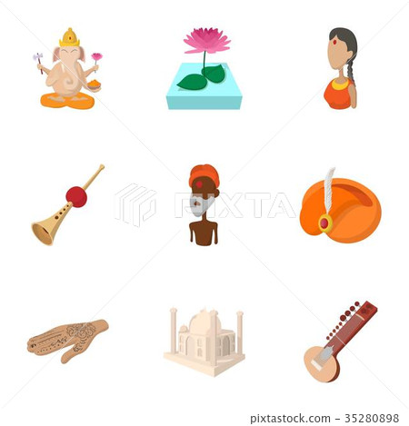 Stay in India icons set, cartoon style Stay in India icons set, cartoon style 35280898