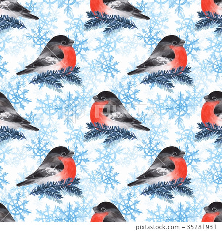 Bullfinch and snowflakes. Winter seamless pattern - Stock Illustration ...