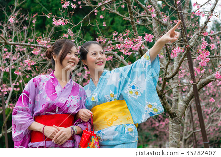 happy female travelers wearing traditional kimono happy female travelers wearing traditional kimono 35282407