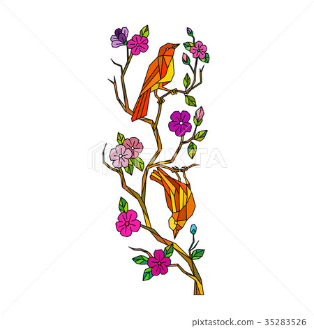 Bird on Cherry Blossom Low Polygon 35283526