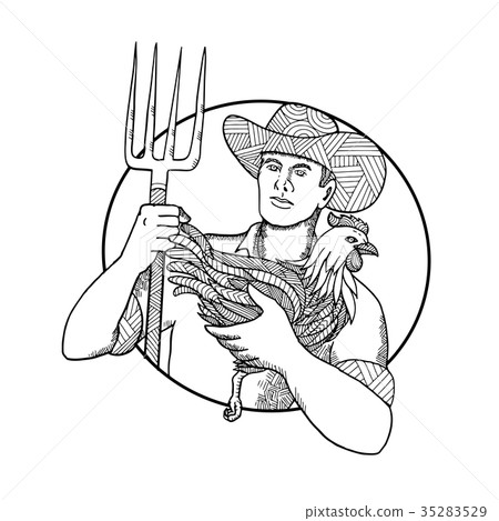 Farmer Holding Hen Pitchfork Zentagle 35283529
