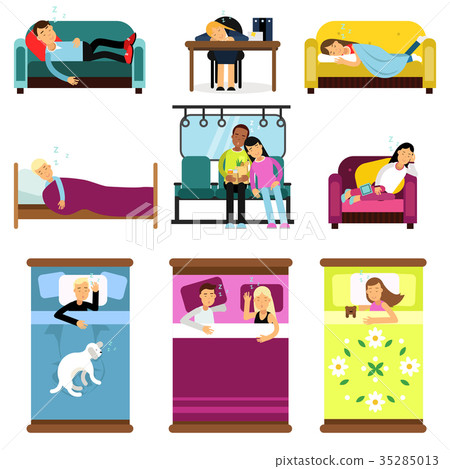 People sleeping at home, at work, in transport set People sleeping at home, at work, in transport set 35285013