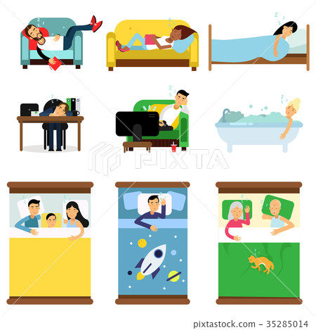 People sleeping at home, at work set, men and 35285014