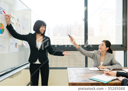 happy female company boss pointing whiteboard 35285088
