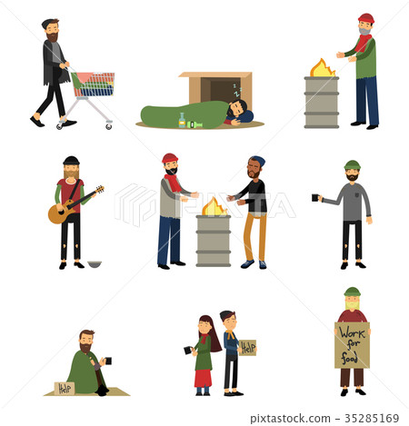 Homeless people, kids and vagabonds begging money 35285169