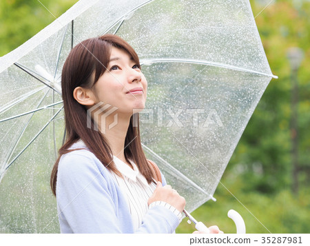看天空的婦女擔心與傘 看天空的婦女擔心與傘 35287981