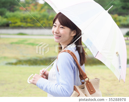 A woman with a smile with an umbrella 35288978