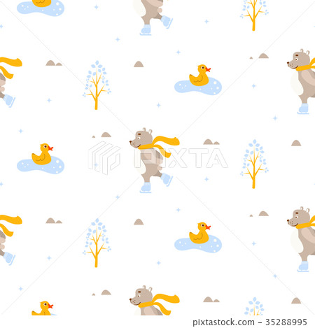 Cute bear and duck ice-skating on pond seamless 35288995