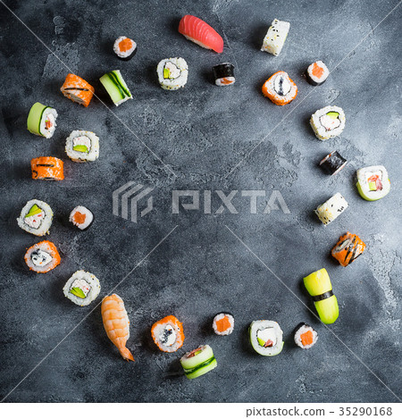 frame made of set of Japanese food on dark 35290168