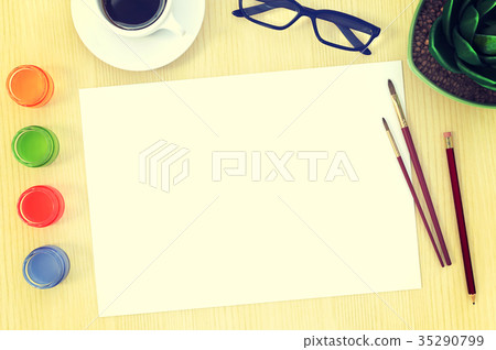 Artist workplace flat lay mockup Artist workplace flat lay mockup 35290799