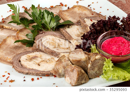Cold appetizer of meat products with horseradish 35295093