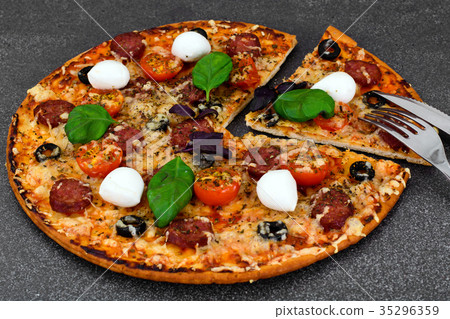 Pepperoni Pizza with Sausage, Cheese, Mozzarella Pepperoni Pizza with Sausage, Cheese, Mozzarella 35296359