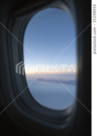 Window, airplane, airliner, clouds, sea 35299059