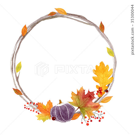 Watercolor autumn wreath with pumpkin and leaves - Stock Illustration ...
