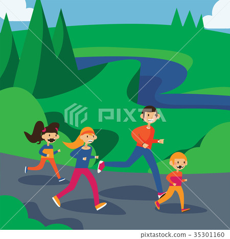 Happy family running in park.  35301160