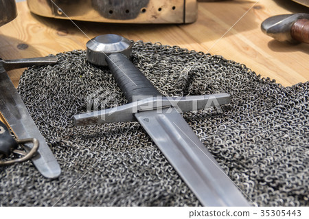 Medieval sword and Helmet, chainmail, sword and 35305443
