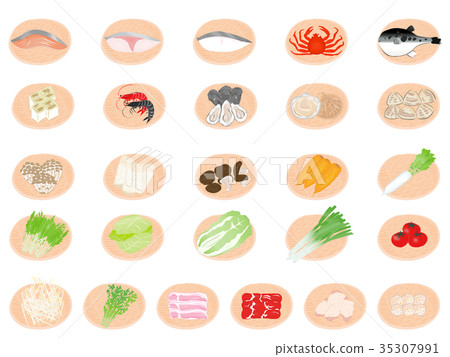 鍋配料蔬菜肉魚矢量集 35307991