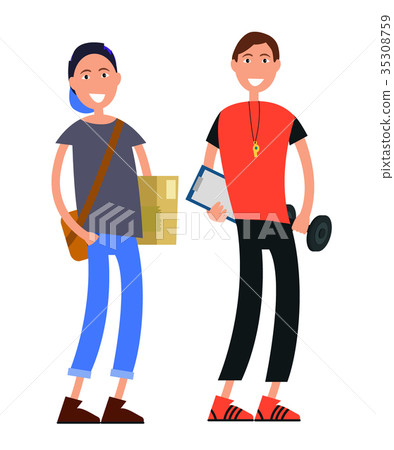 Cartoon Courier with Box and Coach with Barbell Cartoon Courier with Box and Coach with Barbell 35308759