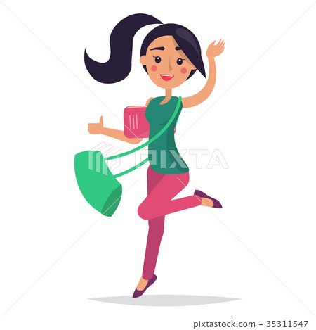 Young Bouncing Girl Student Holding Book with Bag Young Bouncing Girl Student Holding Book with Bag 35311547
