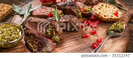 Meat steak with green pesto Meat steak with green pesto 35312347