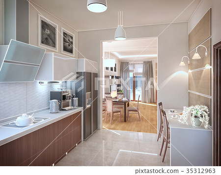 Kitchen interior. 3d illustration, render. 35312963