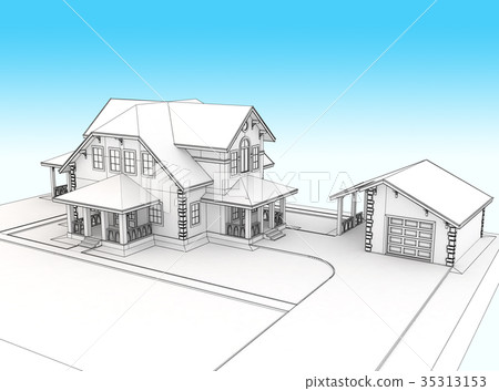 Render 3d cottage with a blue roof 35313153
